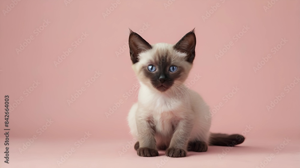 A cute Siamese kitten sitting on a solid light pink background with space above for text A cute Siamese kitten sitting on a solid light pink background with space above for text