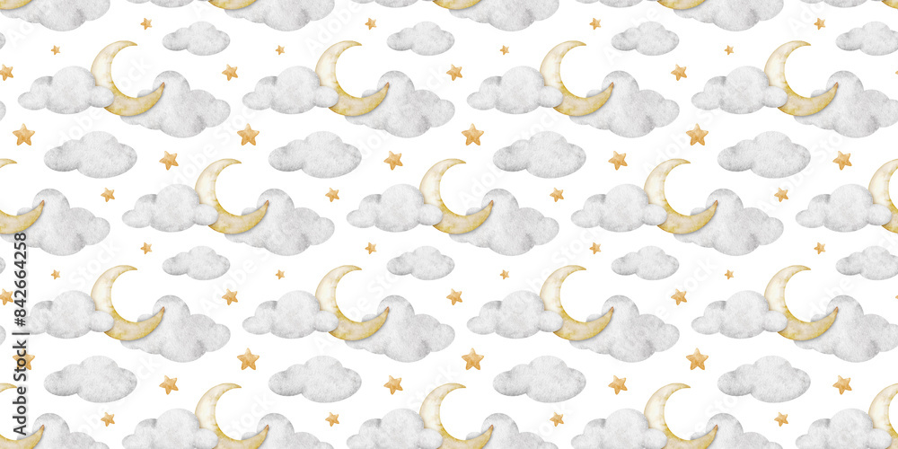 Moons, Clouds and stars. Crescent moon. Watercolor nursery seamless ...