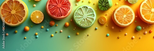 Colorful Abstract Fruit Background With Sliced Citrus and Decorative Balls
