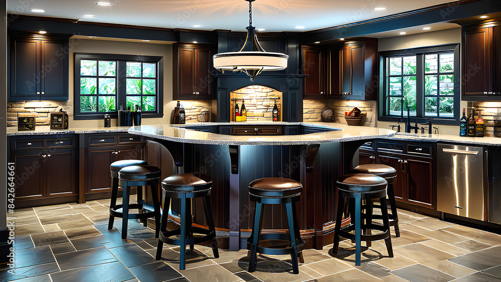 Obraz premium cozy,room,counter,stool,light,Generative AI