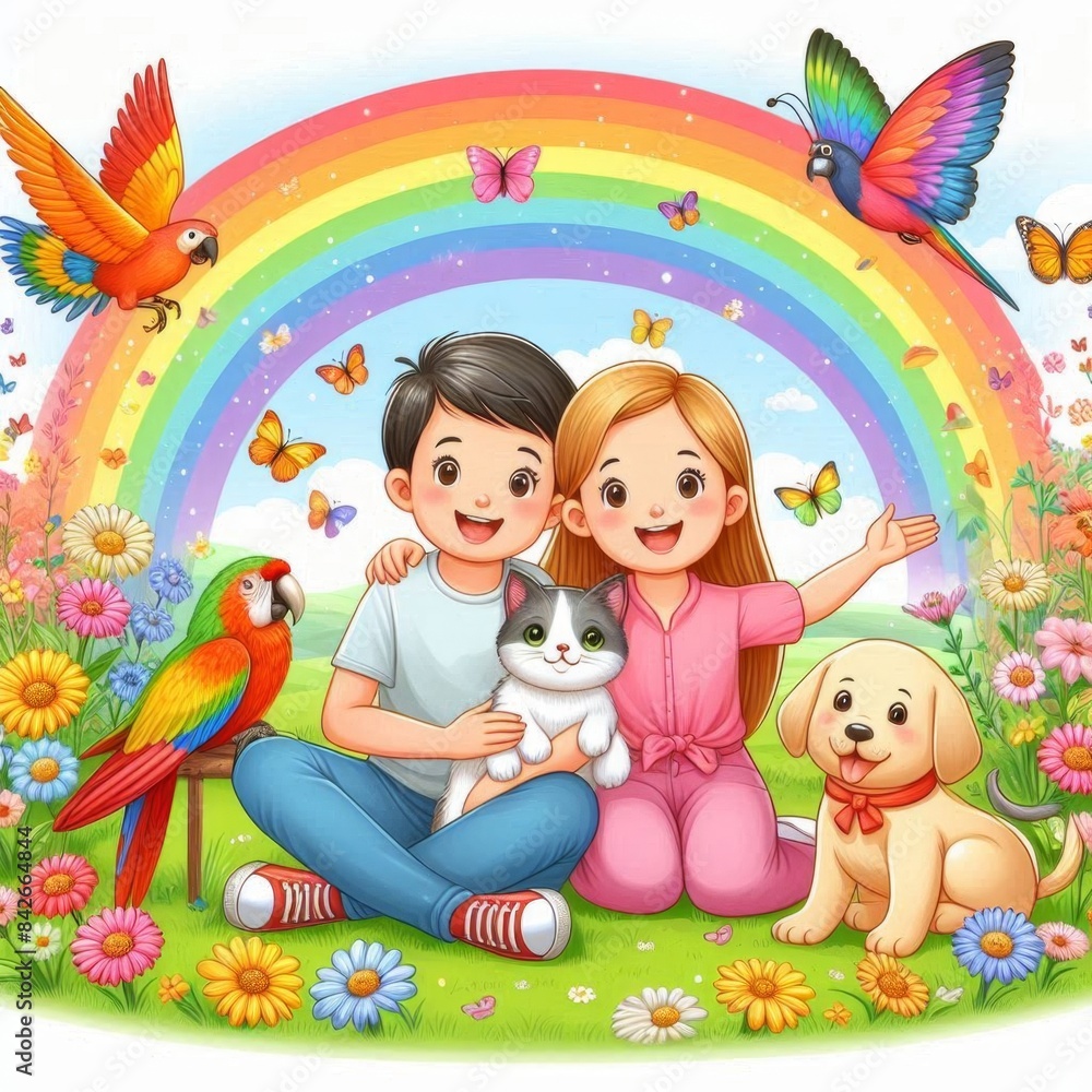 Naklejka premium cute family with rainbow and animals