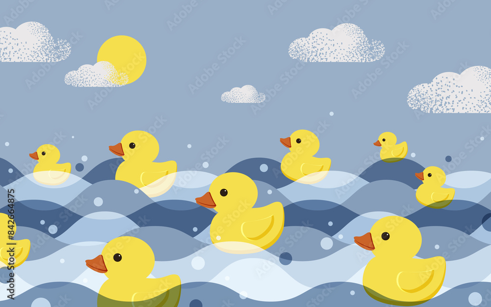 Yellow rubber ducklings swim on the sea waves or river. Holiday National Rubber Duck Day. 