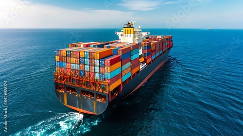 a powerful container ship loaded with colorful shipping containers, representing international transport, cruising across the open sea under a clear blue sky