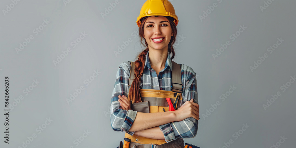 A woman carpenter wearing a hard hat and work clothes smiles confidently A woman carpenter wearing a hard hat and work clothes smiles confidently