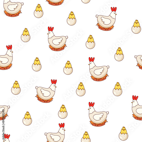 Hen rooster and chick. Seamless pattern. Cute chicken farm characters. Vector drawing. Design ornaments.