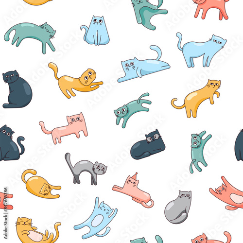 Cute funny cat. Seamless pattern. Kitten character cartoon. Vector drawing. Design ornaments.