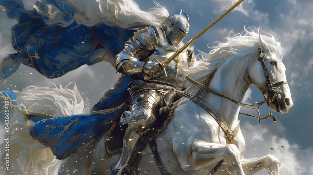 A knight riding a white horse with a flowing mane dressed in a suit of ...