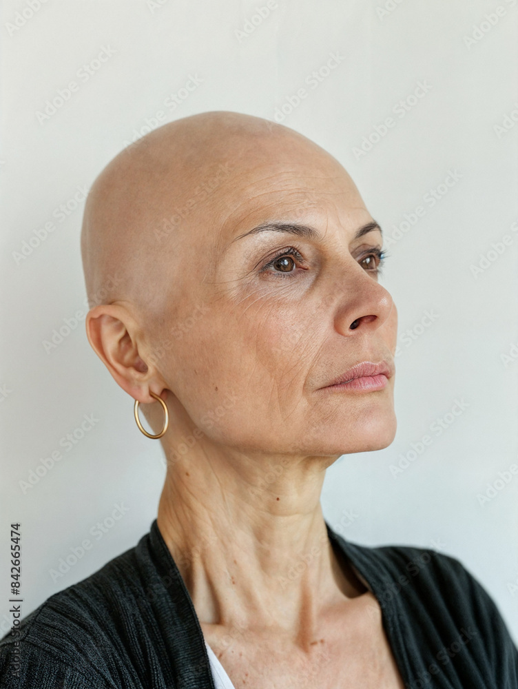 Obraz premium Bald woman with a bright personality. Stylish bald-headed person on white background