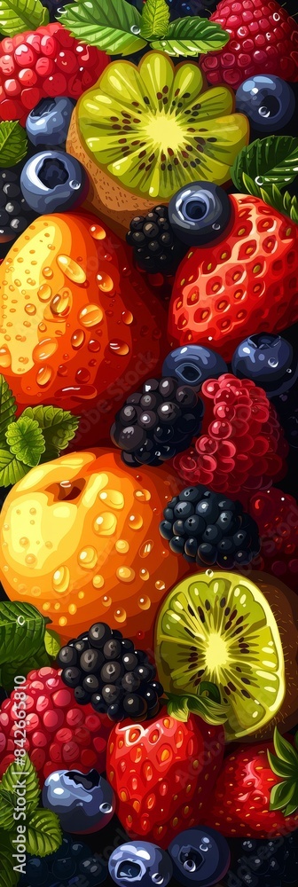 Fototapeta premium Vibrant Fruit Mix With Fresh Dew Drops And Green Leaves