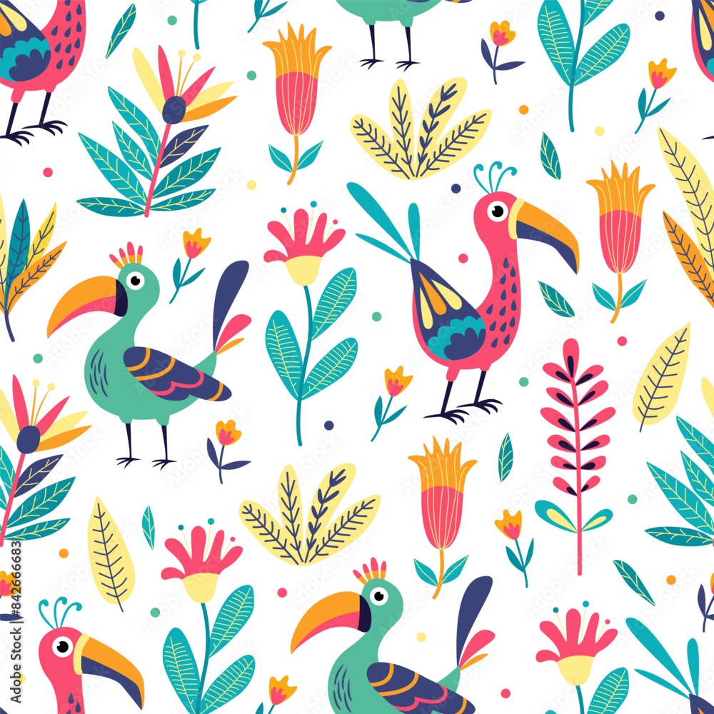 Seamless pattern with funny bright exotic tropical fantasy birds and flowers on white. Great for fabrics, especially for linens, wrapping papers, wallpapers, covers. Vector illustration in flat style Seamless pattern with funny bright exotic tropical fantasy birds and flowers on white. Great for fabrics, especially for linens, wrapping papers, wallpapers, covers. Vector illustration in flat style
