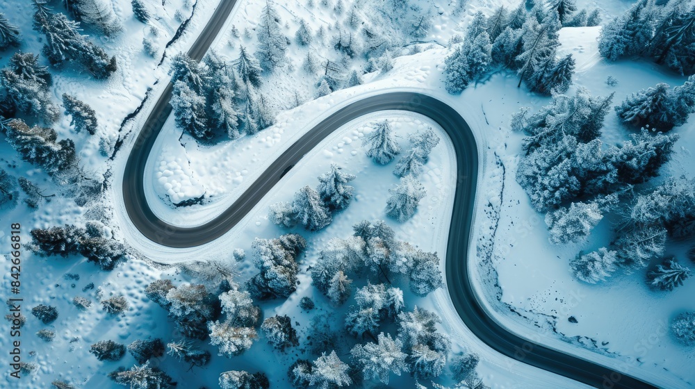 Aerial view of a meandering road through a snowy scenery
