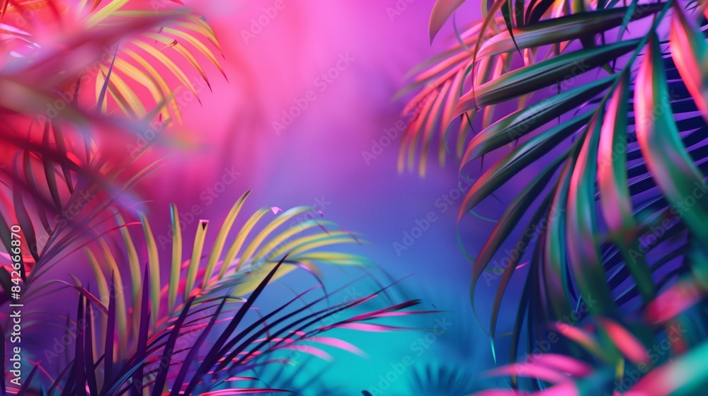 Fototapeta premium Tropical and palm leaves in vibrant bold gradient holographic neon colors.