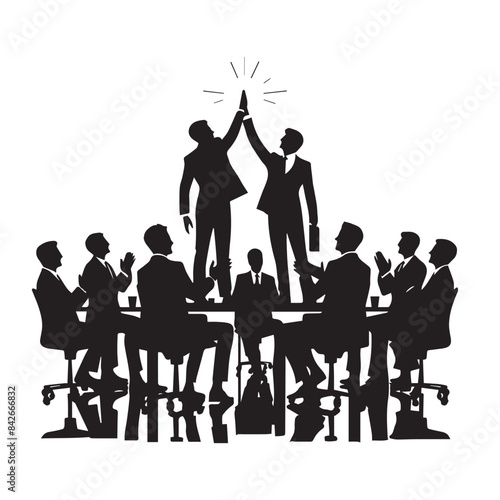 Successful businessmen high fiving each other during a meeting silhouette,"Celebrating Success: Businessmen Share High Fives in Meeting Triumph"
"Victorious Vibes: Successful Businessmen Exchange High