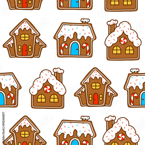 Gingerbread christmas house decorated with candies. Seamless pattern. Sweet cookie. Hand drawn style. Vector drawing. Design ornaments.
