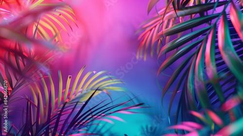 Wallpaper Mural Tropical and palm leaves in vibrant bold gradient holographic neon colors. Torontodigital.ca