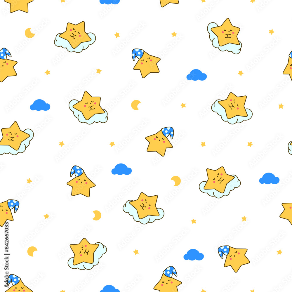 Cute kawaii stars character with different happy expression activity. Seamless pattern. Hand drawn style. Vector drawing. Design ornaments. Cute kawaii stars character with different happy expression activity. Seamless pattern. Hand drawn style. Vector drawing. Design ornaments.
