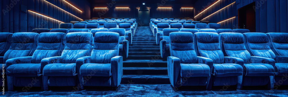 Fototapeta premium Empty movie theater with rows of comfortable blue seats, illuminated by ambient lighting. The cinema hall features a modern design, providing a spacious and inviting environment for moviegoers..