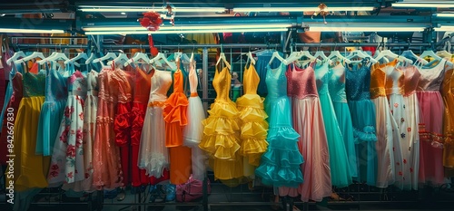 The heart of Hong Kong's shopping district with an authentic snapshot capturing the bustling atmosphere inside a store. where racks overflowing with colorful summer dresses create a lively. © SA Studio