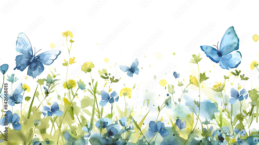 watercolor blue and light green butterfly meadow, pure white background watercolor blue and light green butterfly meadow, pure white background