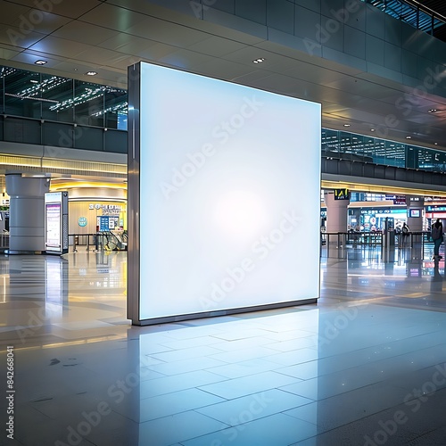 Prominent square blank light box in the primary hall of a major airport terminal.