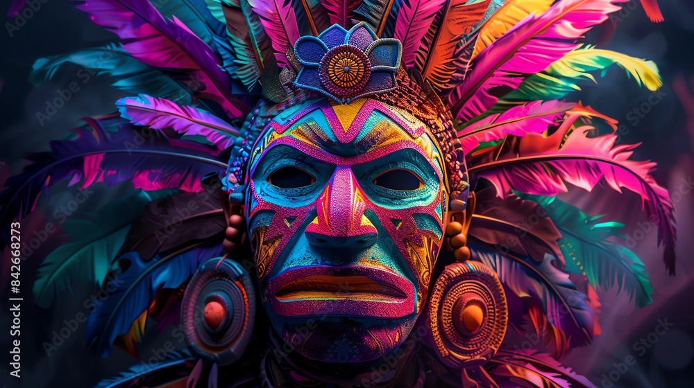 Colorful tribal mask with feathers, centered, dark background, glowing highlights