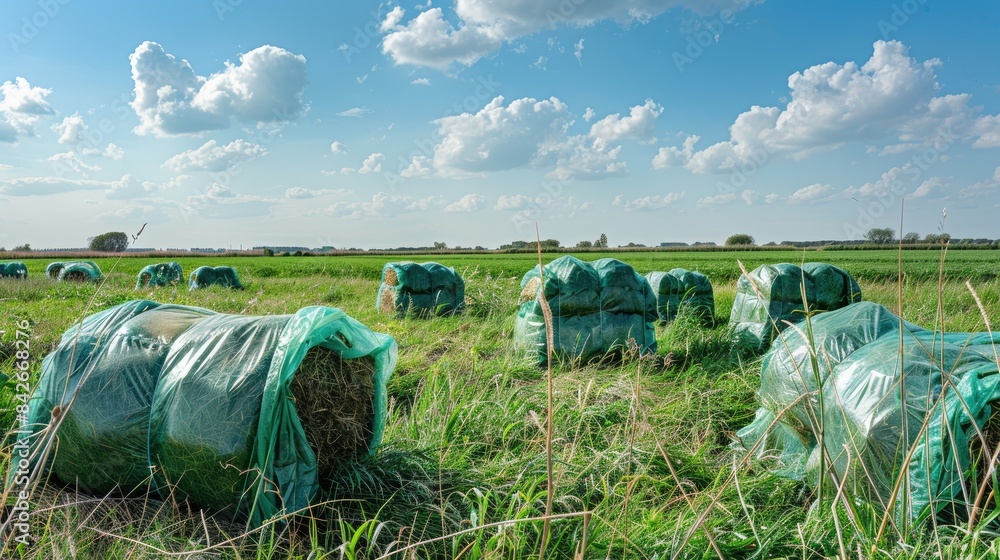 Fototapeta premium Bundles of hay wrapped in green plastic placed at the boundary of a meadow in a Dutch nature reserve on a bright summer day with a few clouds