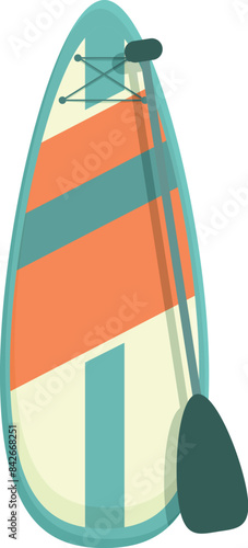 Paddle board is standing up with the paddle leaning on it, giving off a summer watersport vibe