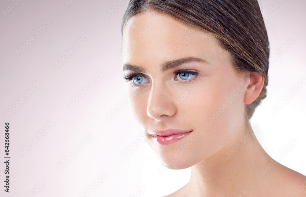 Beauty, skincare and woman in studio for glow, makeup or thinking of wellness isolated on background mockup space. Cosmetics, face and model in spa for dermatology, health and shine for aesthetic Beauty, skincare and woman in studio for glow, makeup or thinking of wellness isolated on background mockup space. Cosmetics, face and model in spa for dermatology, health and shine for aesthetic