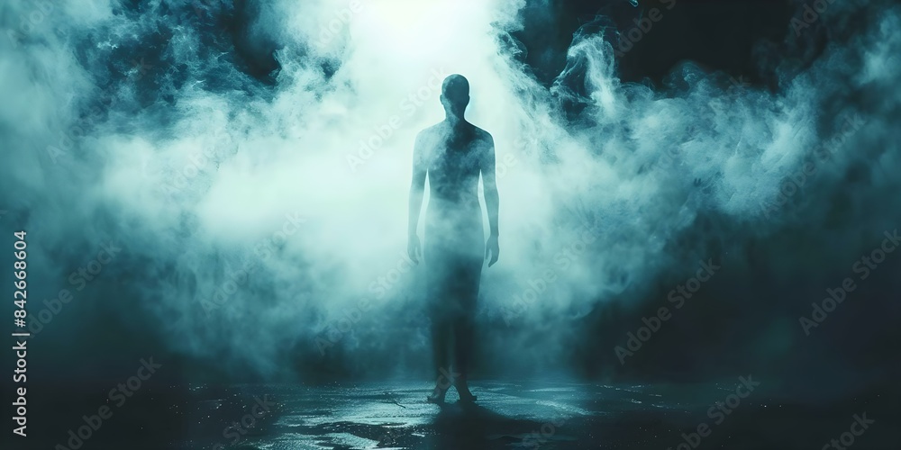 Obraz premium Spooky Scifi Image of Ghostly Silhouette with Bright Background and Space for Text. Concept Spooky, Sci-fi, Ghostly, Silhouette, Bright Background