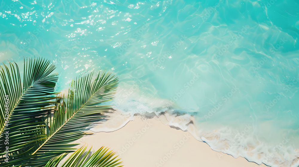 Beautiful beach with palm leaves and turquoise water. top view banner. copy space concept Beautiful beach with palm leaves and turquoise water. top view banner. copy space concept