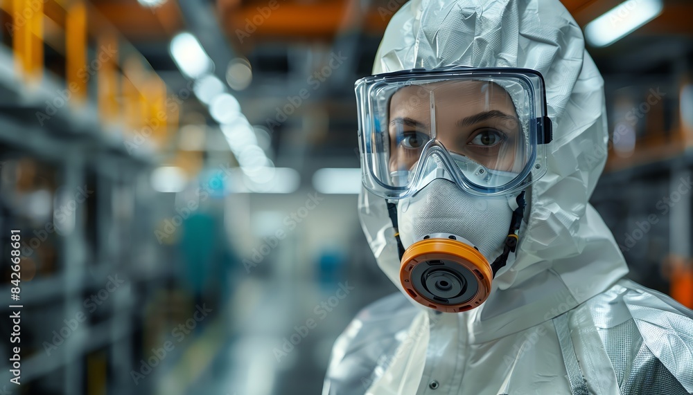 Person in full protective gear and respirator, working in a hazardous environment Person in full protective gear and respirator, working in a hazardous environment