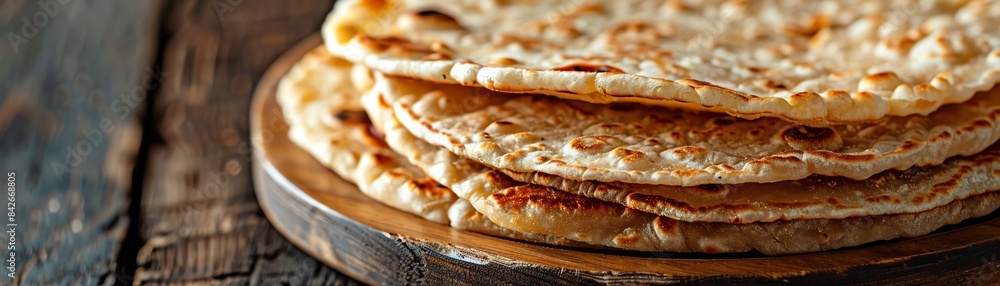 Stack of goldenbrown flatbreads on a wooden plate, appetizing and rustic Stack of goldenbrown flatbreads on a wooden plate, appetizing and rustic