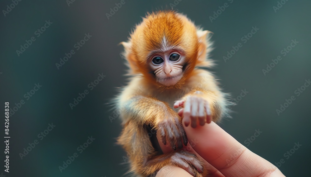 Obraz premium Tiny monkey perched on a finger, adorable and curious