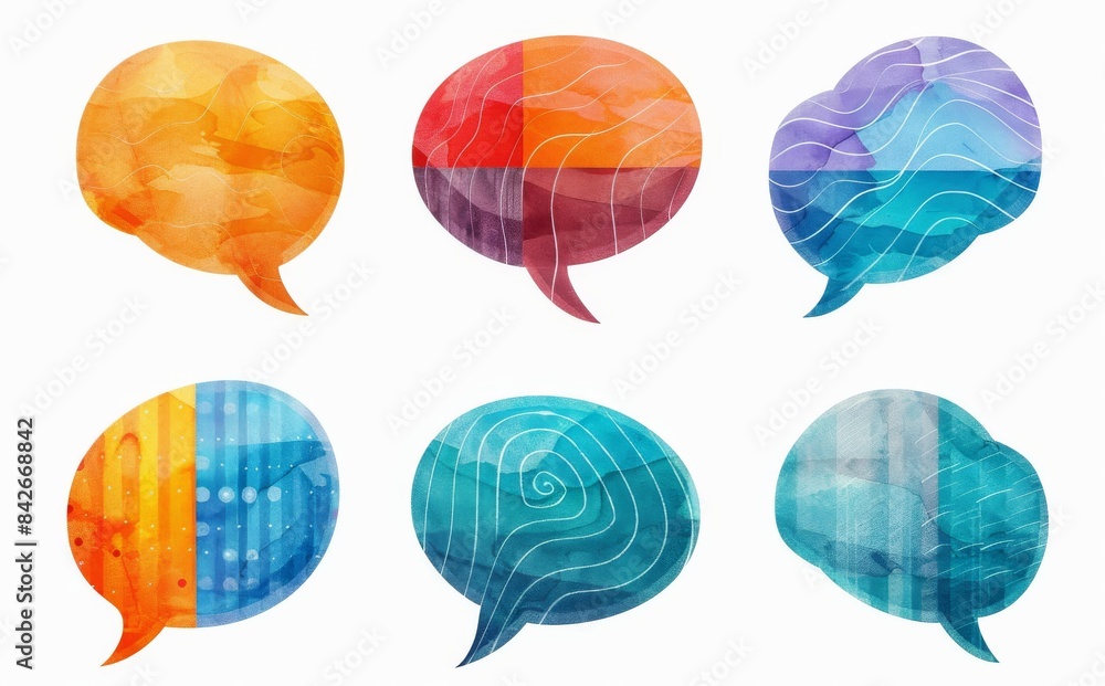 An icon set of six speech bubbles in different colors, each with its own unique texture and pattern against a white background An icon set of six speech bubbles in different colors, each with its own unique texture and pattern against a white background