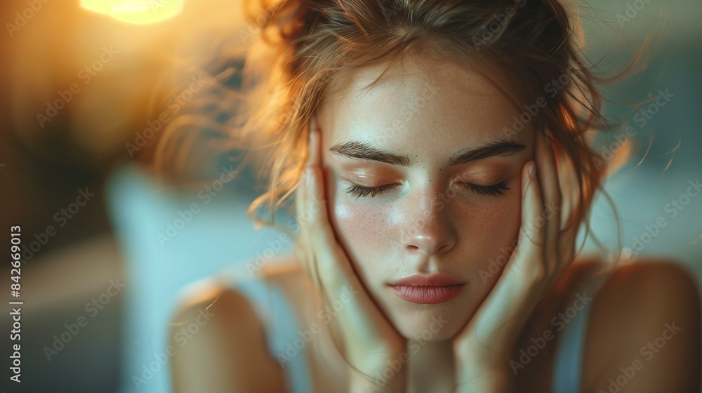 Pensive young woman sitting on bed touching head with closed eyes, peaceful calm tranquil Pensive young woman sitting on bed touching head with closed eyes, peaceful calm tranquil