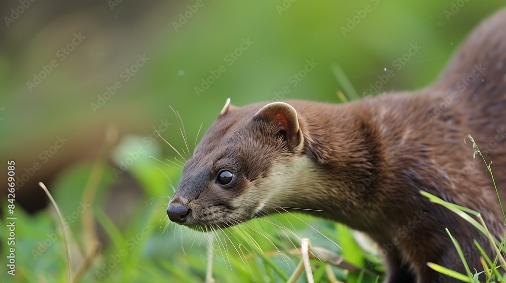 Pine marten looking for food in grass, mustelid mammal carnivore north america Pine marten looking for food in grass, mustelid mammal carnivore north america