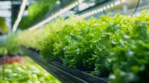 Idea indoor farming system with focus on growing green leaf lettuce, agriculture organic automation freshness photo