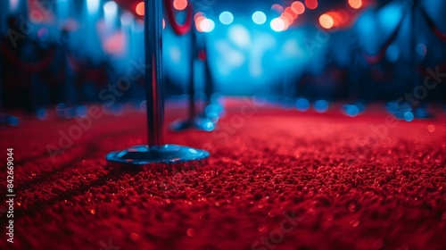 Red carpet event with blue spotlight on floor, fame privilege influence wealth
