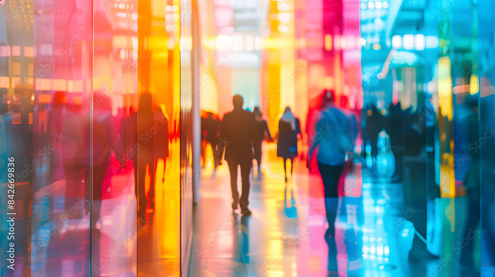 Blurred background of business people at exhibition fair. walking around in hall with colorful glass walls. Luxury conference and event concept Blurred background of business people at exhibition fair. walking around in hall with colorful glass walls. Luxury conference and event concept