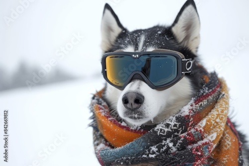 Siberian Husky with Ski Goggles and Scarf: A cool Siberian Husky donning ski goggles and a colorful scarf, ready for a snowy adventure on the slopes
