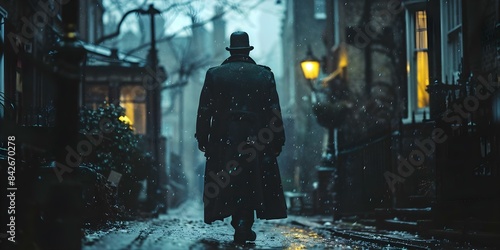 Wandering Through Moody London Streets A Victorian Private Detective's Tale. Concept Historical London, Victorian Era, Mystery, Private Detective, Moody Atmosphere photo