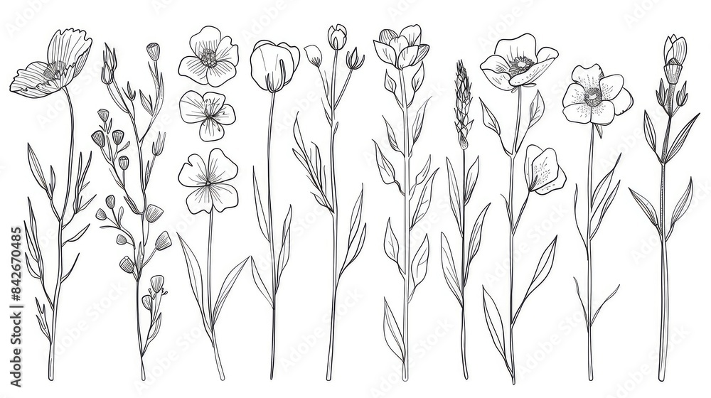 A set of delicate wildflower line drawings in the style of a minimalist illustrator, with a simple black and white clipart style generated with AI