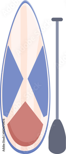 Blue and white paddle board with a brown design in the middle is standing up with a paddle leaning on it