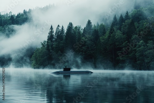 Stealth submarine emerges in misty lake against a backdrop of dense forest © Boraryn