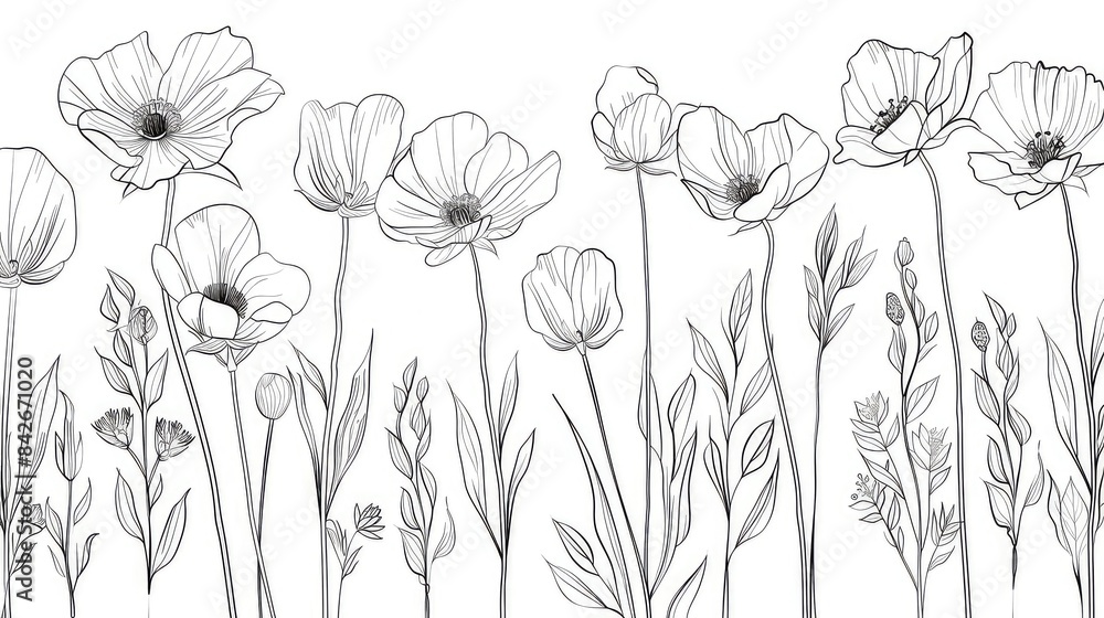 Fototapeta premium A simple line drawing of three different types of flowers in a clip art style, as a vector illustration in the style of a hand drawn generated with AI
