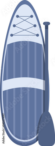 Blue surfboard for sup surfing with a paddle is standing on a white background
