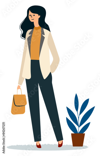 Woman Standing with Tote Bag, Perfect for Fashion and Lifestyle Themes - Flat Vector Illustration