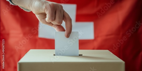 Switzerland vote- Arm holding a ballot voting paper centered within the Switzerland flag's in the background, symbolizing active participation in Switzerland elections photo