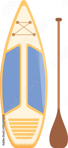 Paddle board with its wooden paddle standing upright, ready for an aquatic adventure