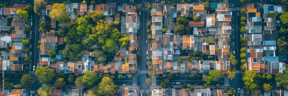 Fototapeta premium A drone-captured aerial view of a quaint neighborhood, showcasing houses with colorful roofs, abundant green trees, and neatly arranged streets, highlighting community life.